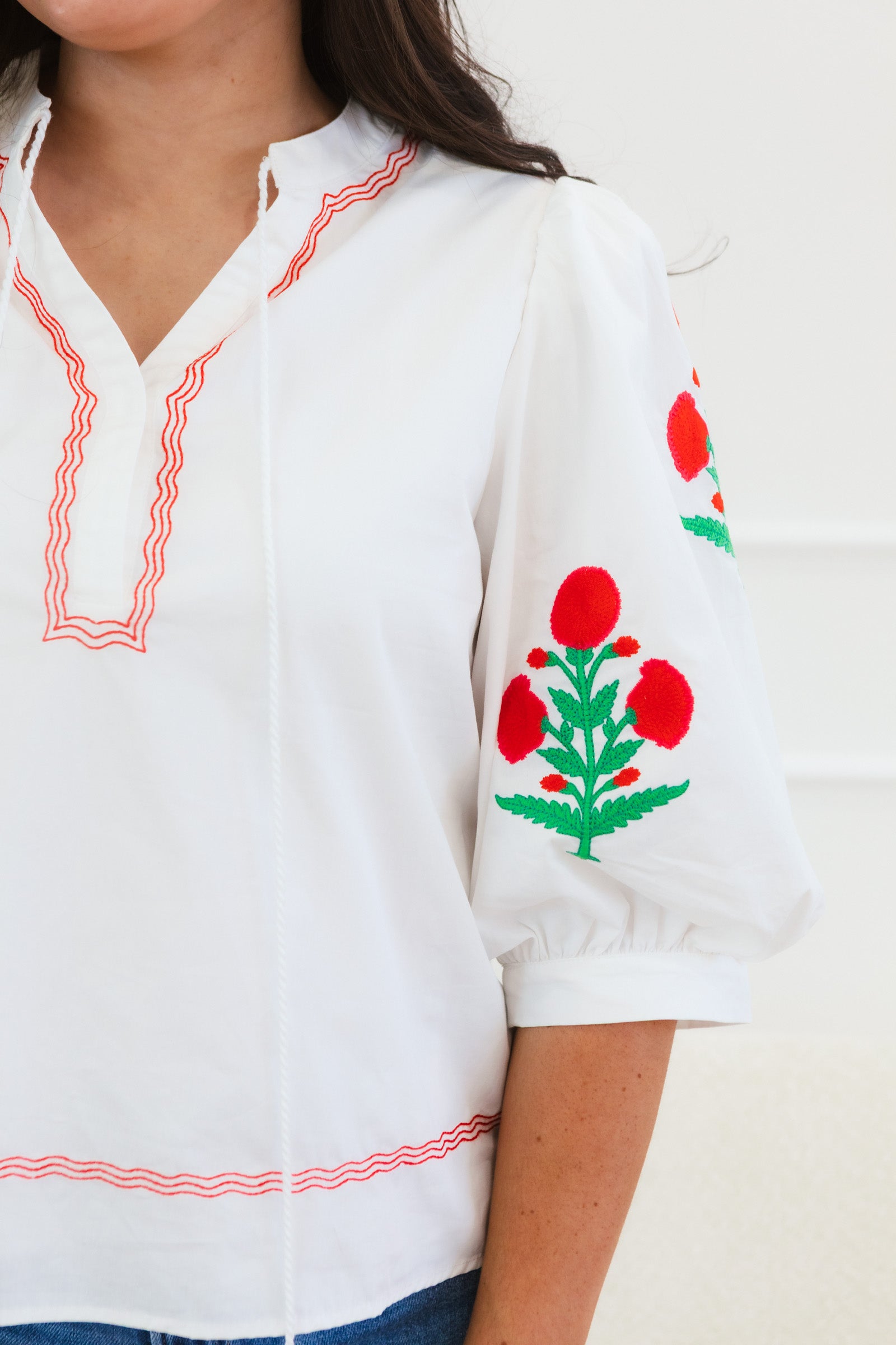 Embroidered Puff Sleeve Tassel Tie Cotton Top