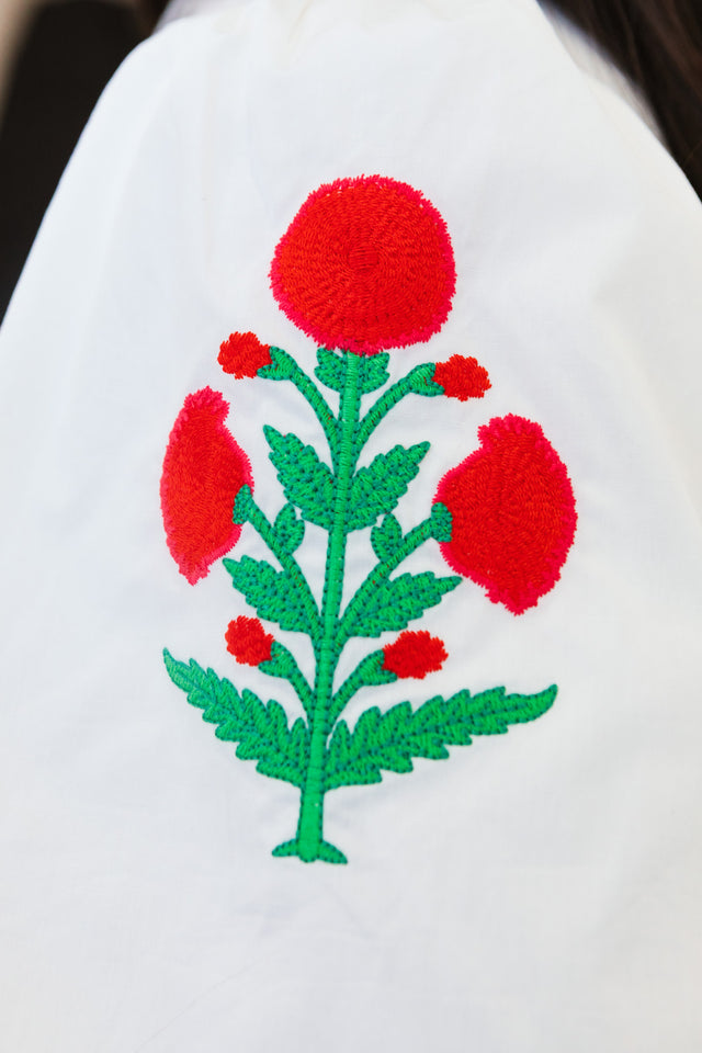 Embroidered Puff Sleeve Tassel Tie Cotton Top