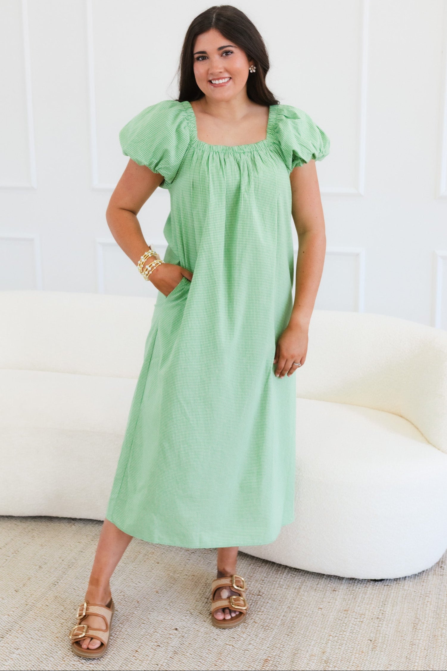 Gingham Puff Sleeve Midi Dress