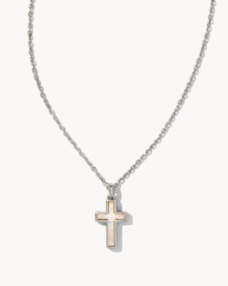 Kendra Scott | Cross Silver Pendant Necklace in White Lab Grown Opal