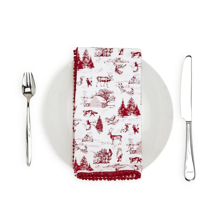 Winter Toile Set of 4 Napkins with Pom Pom Trim - Cotton