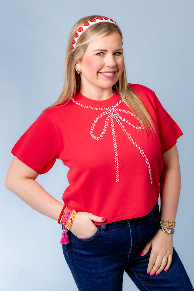 Bow Embellished Short Sleeve Sweater (Final Sale)