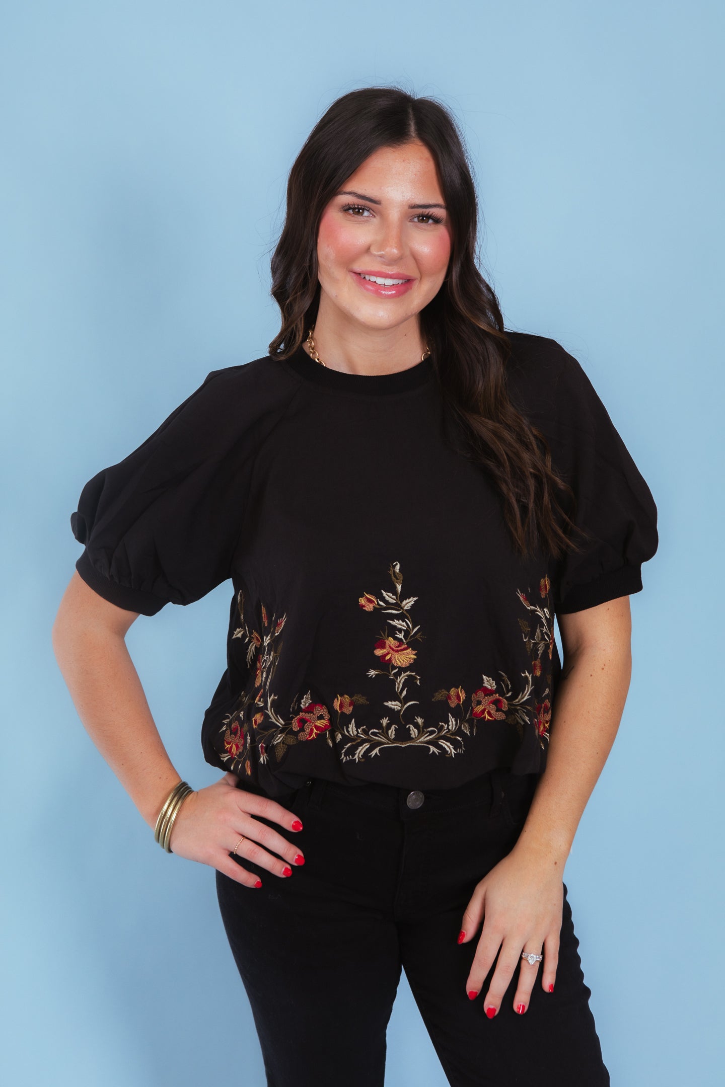 Bloom & Grace Embroidered Puff Sleeve Top