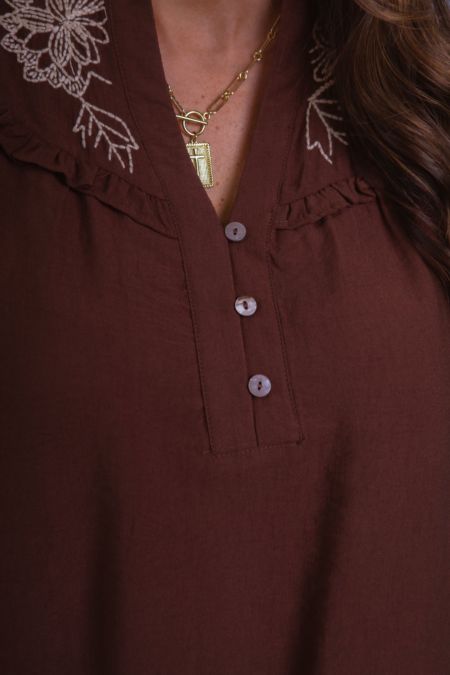 Mocha Bloom Embroidered Collar Top
