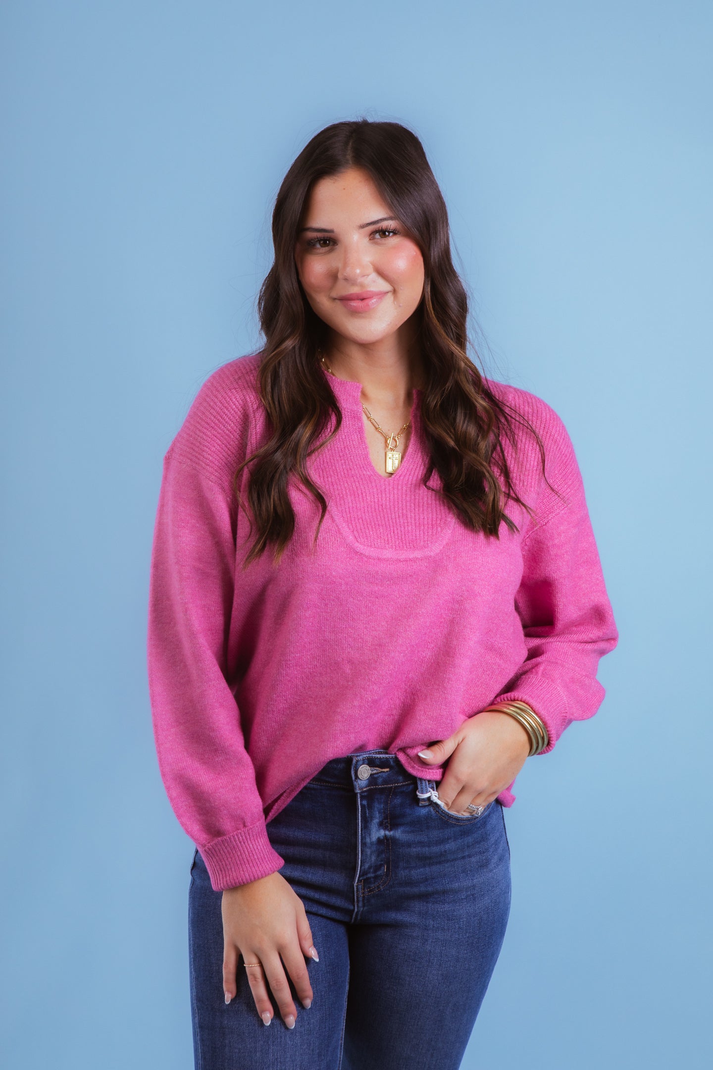 Tribal | Mandarin Collar Long Puff Sleeve Sweater