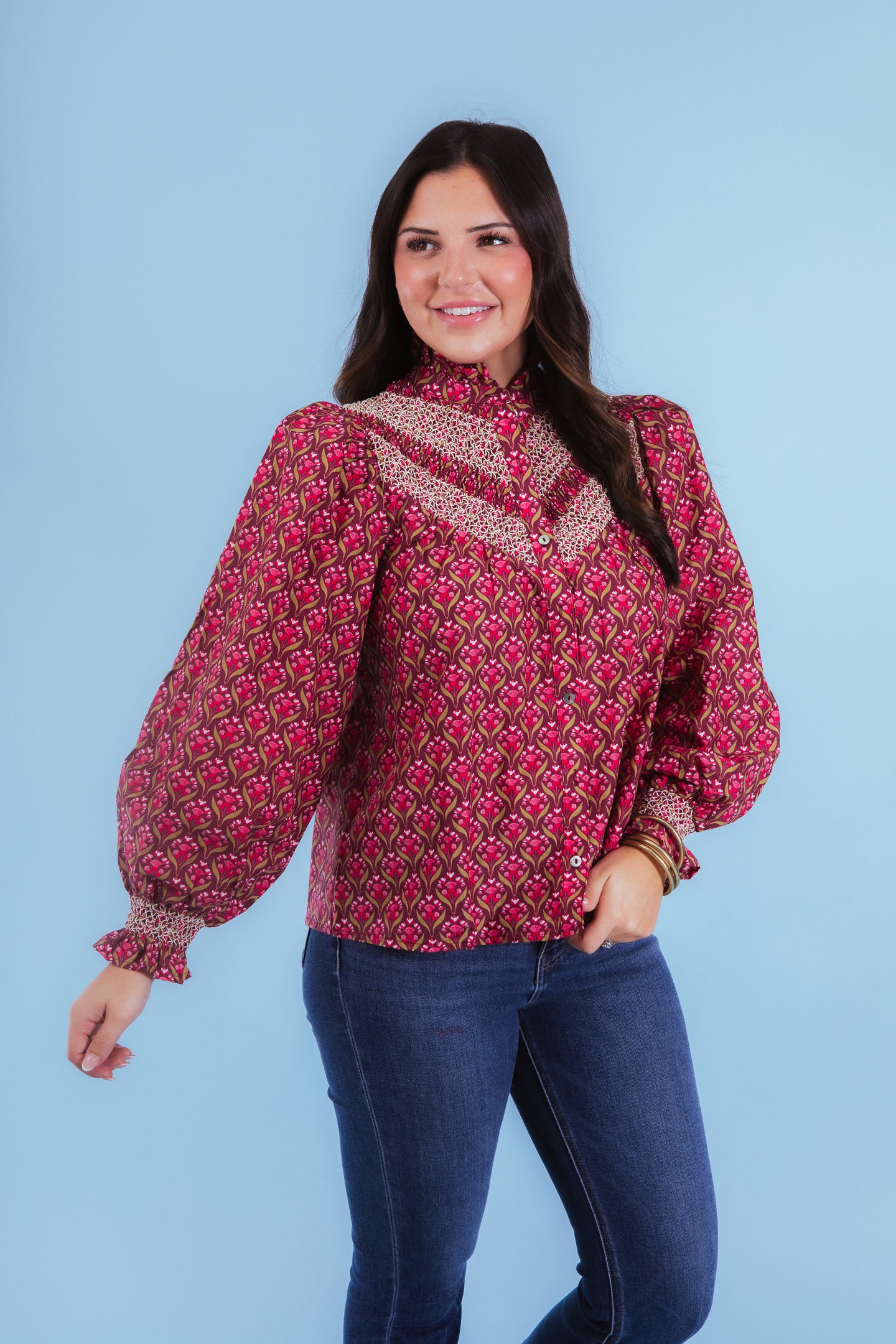 Wine Floral Elegance Smocked Blouse