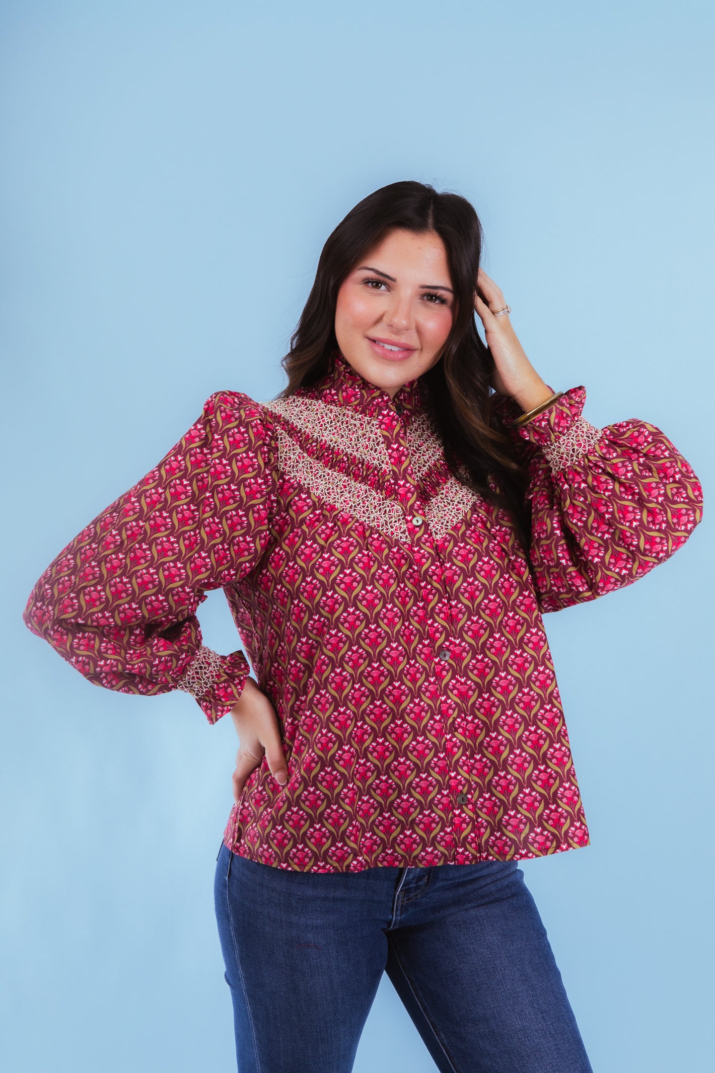 Wine Floral Elegance Smocked Blouse