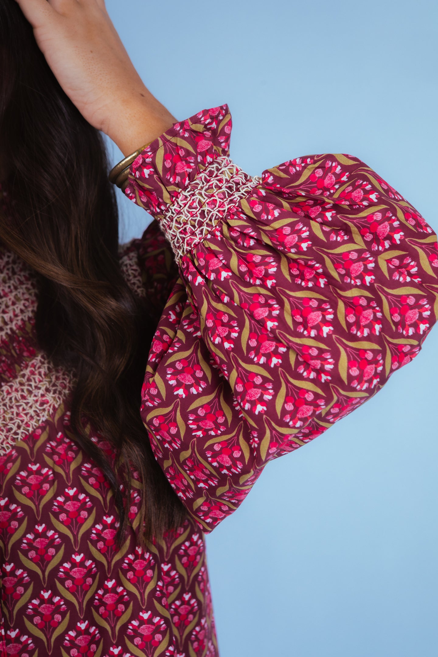 Wine Floral Elegance Smocked Blouse