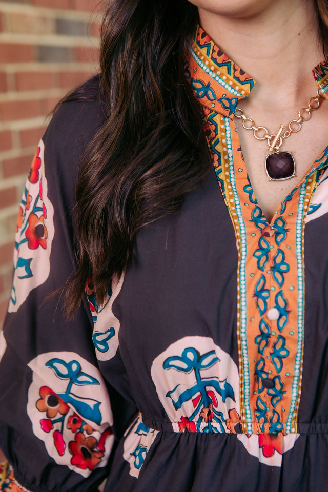 Floral Border Print Tiered Maxi Dress