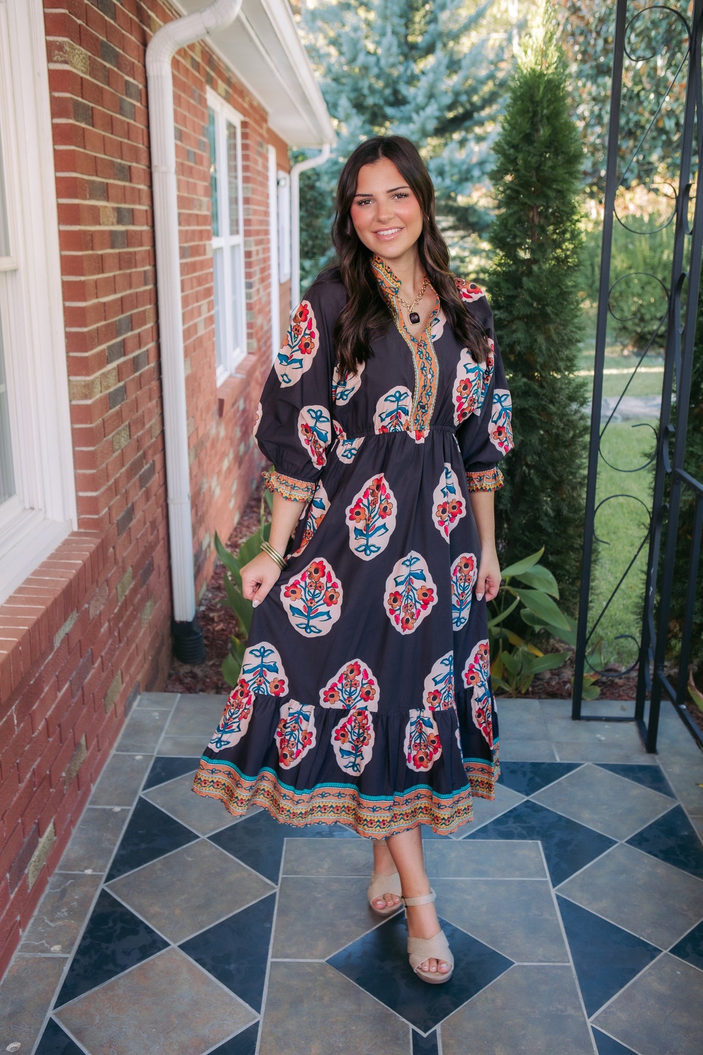 Floral Border Print Tiered Maxi Dress