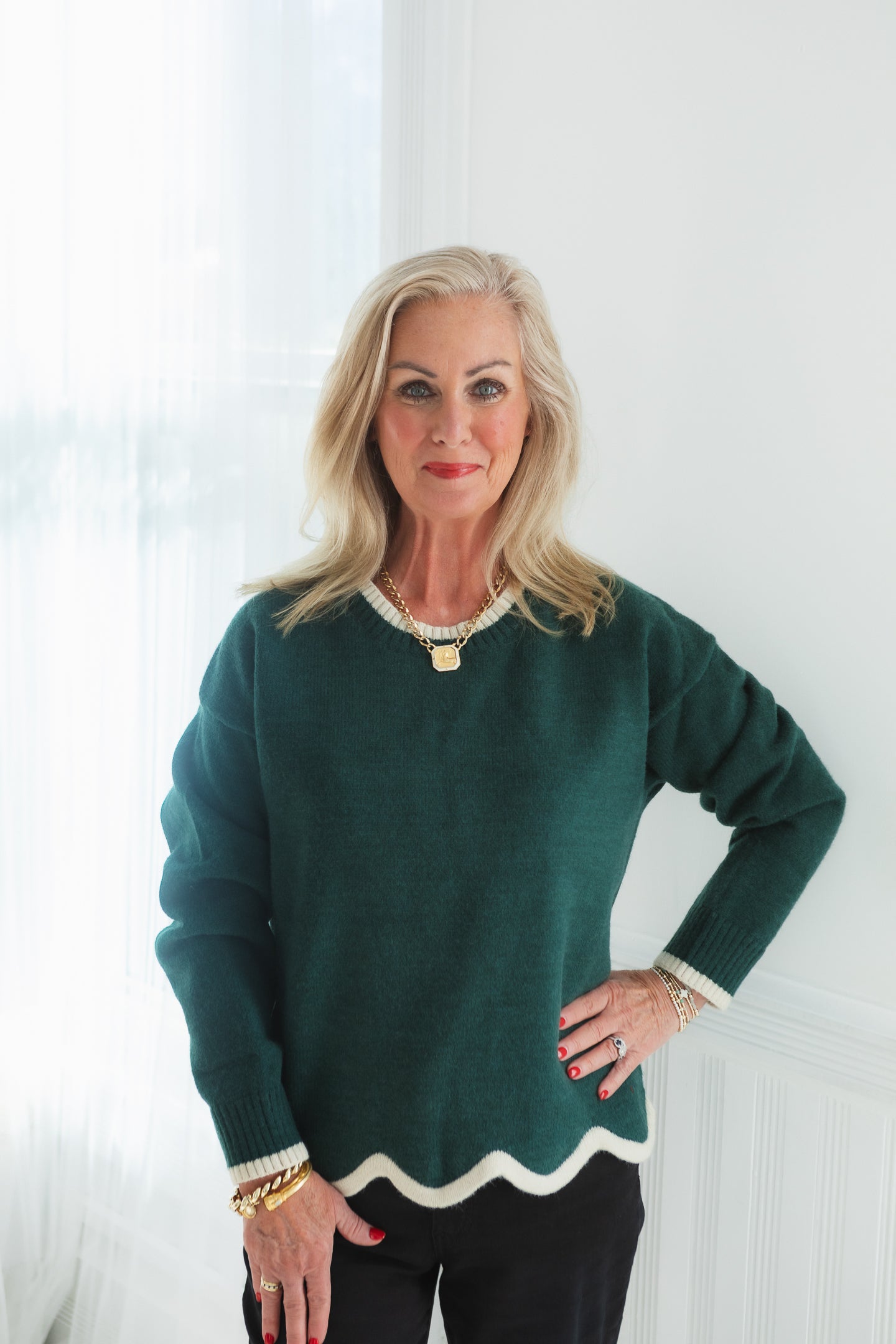 Evergreen Charm Scallop Hem Sweater