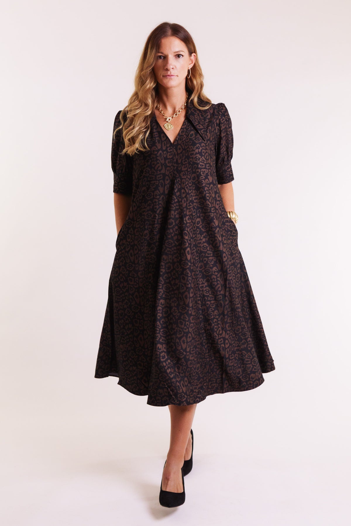 Lior | Amber Pointed Collar Mocha Animal Dress