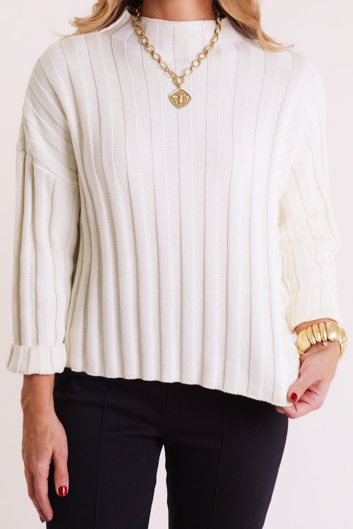 Statement Ribbed Pocket Pullover - Ivory