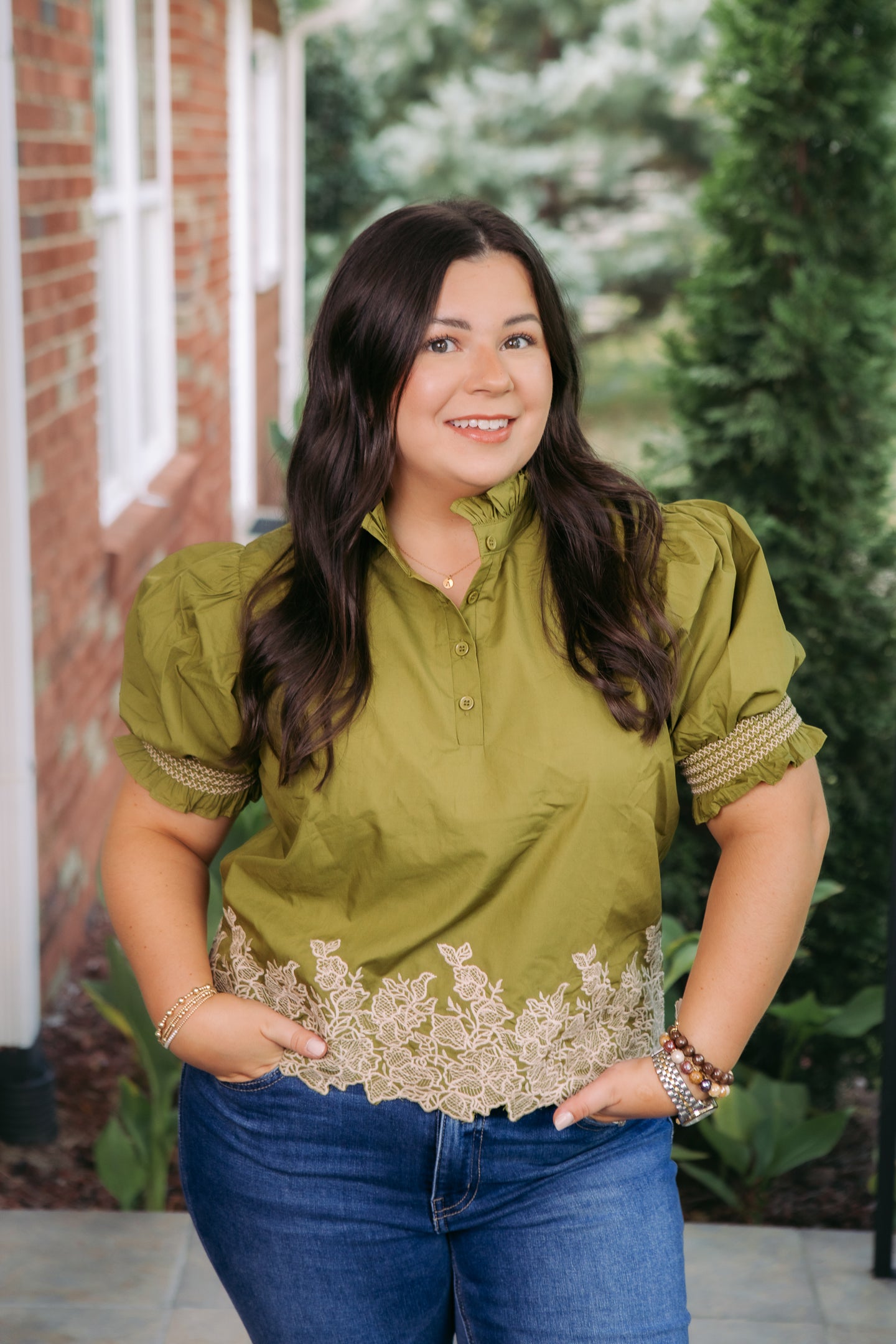 Chic Olive Embroidered Hem Blouse