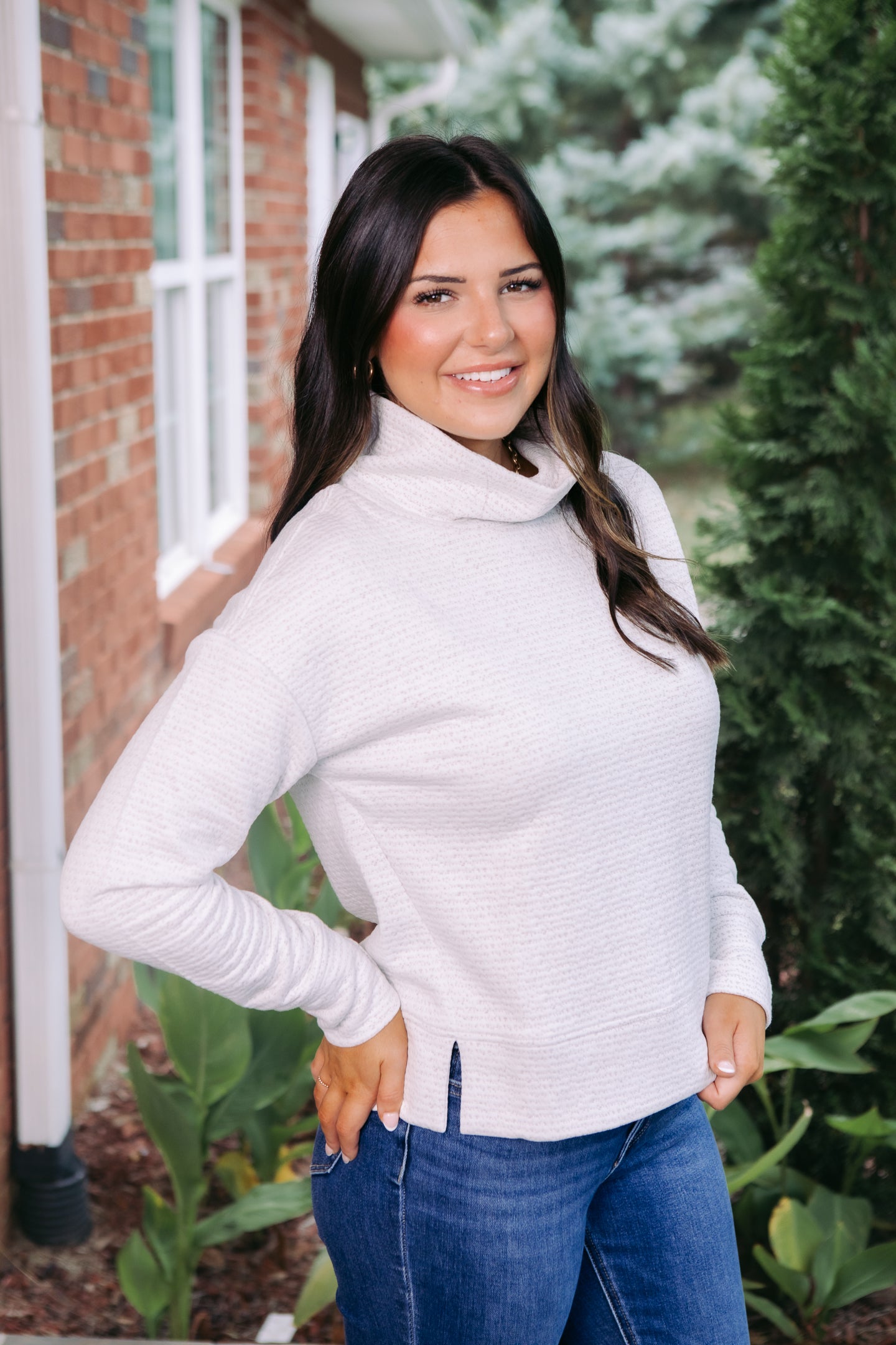 Tribal | Puckered Knit Drop Shoulder Funnel Neck Top