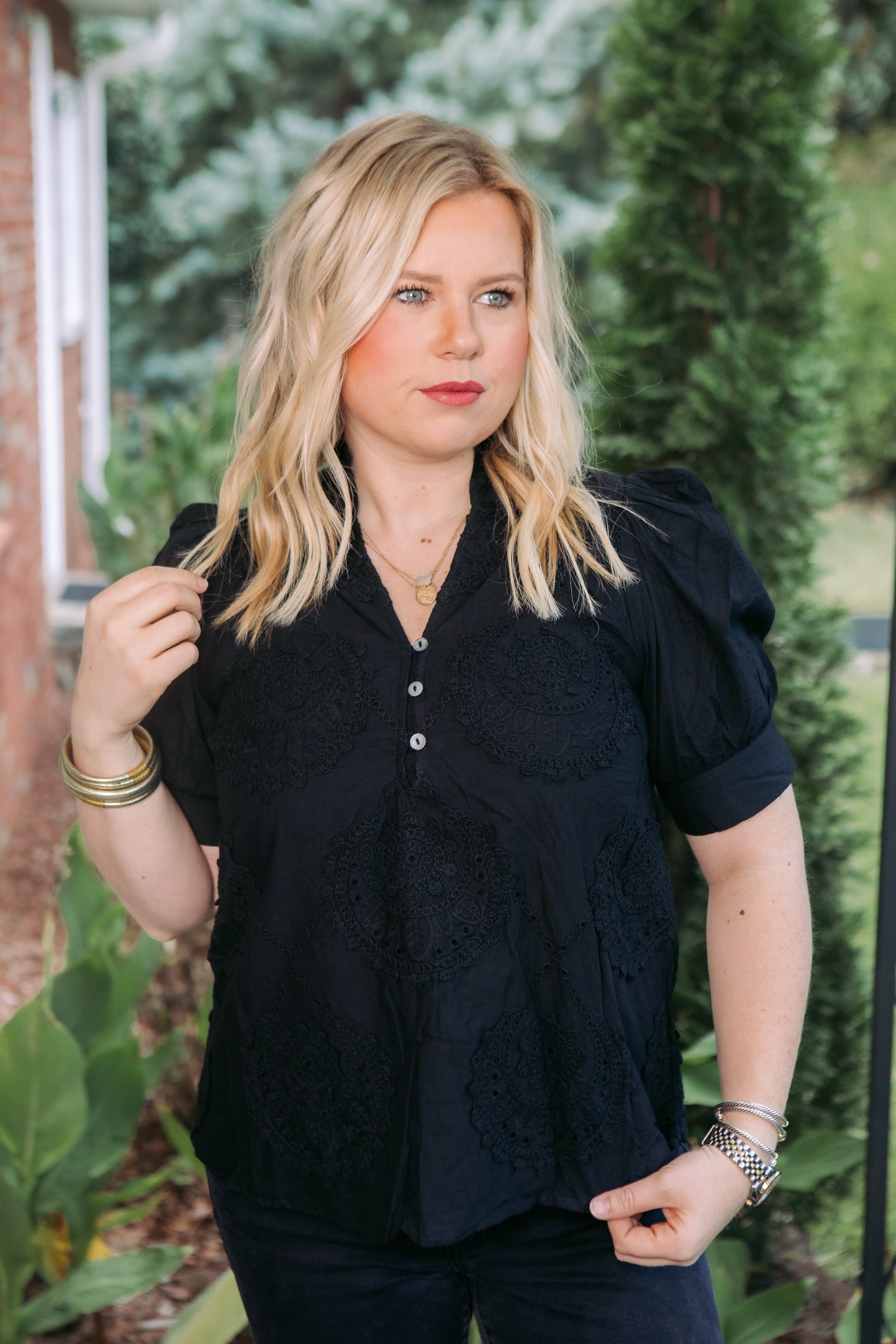 Midnight Charm Embroidered Band Collar Top