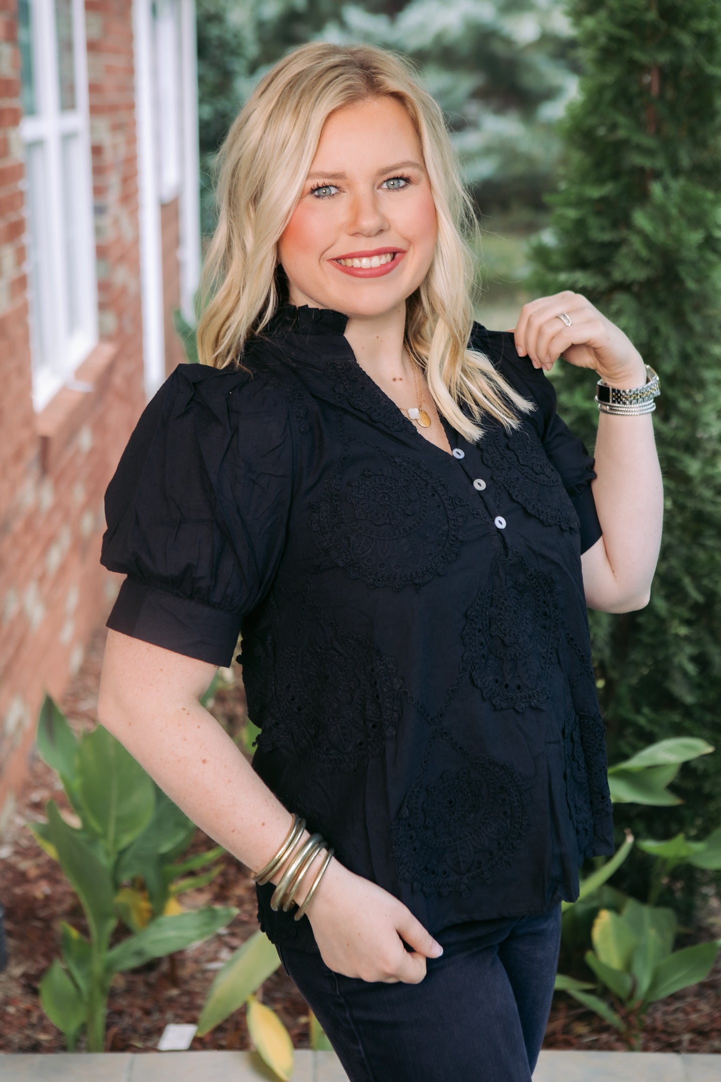 Midnight Charm Embroidered Band Collar Top