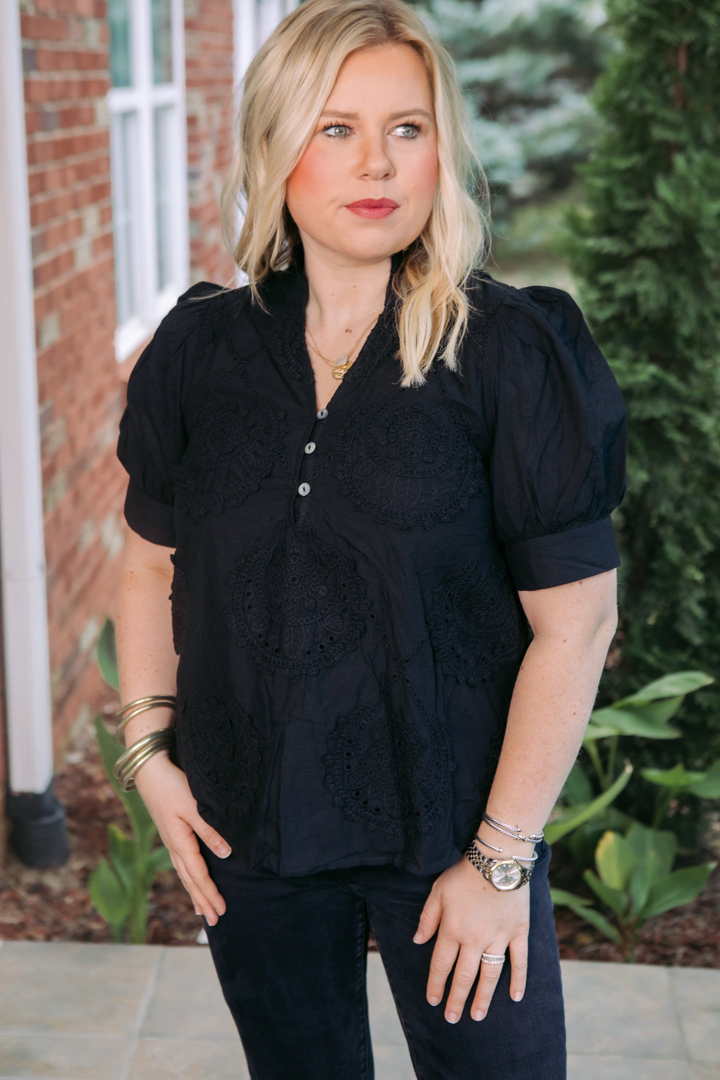 Midnight Charm Embroidered Band Collar Top