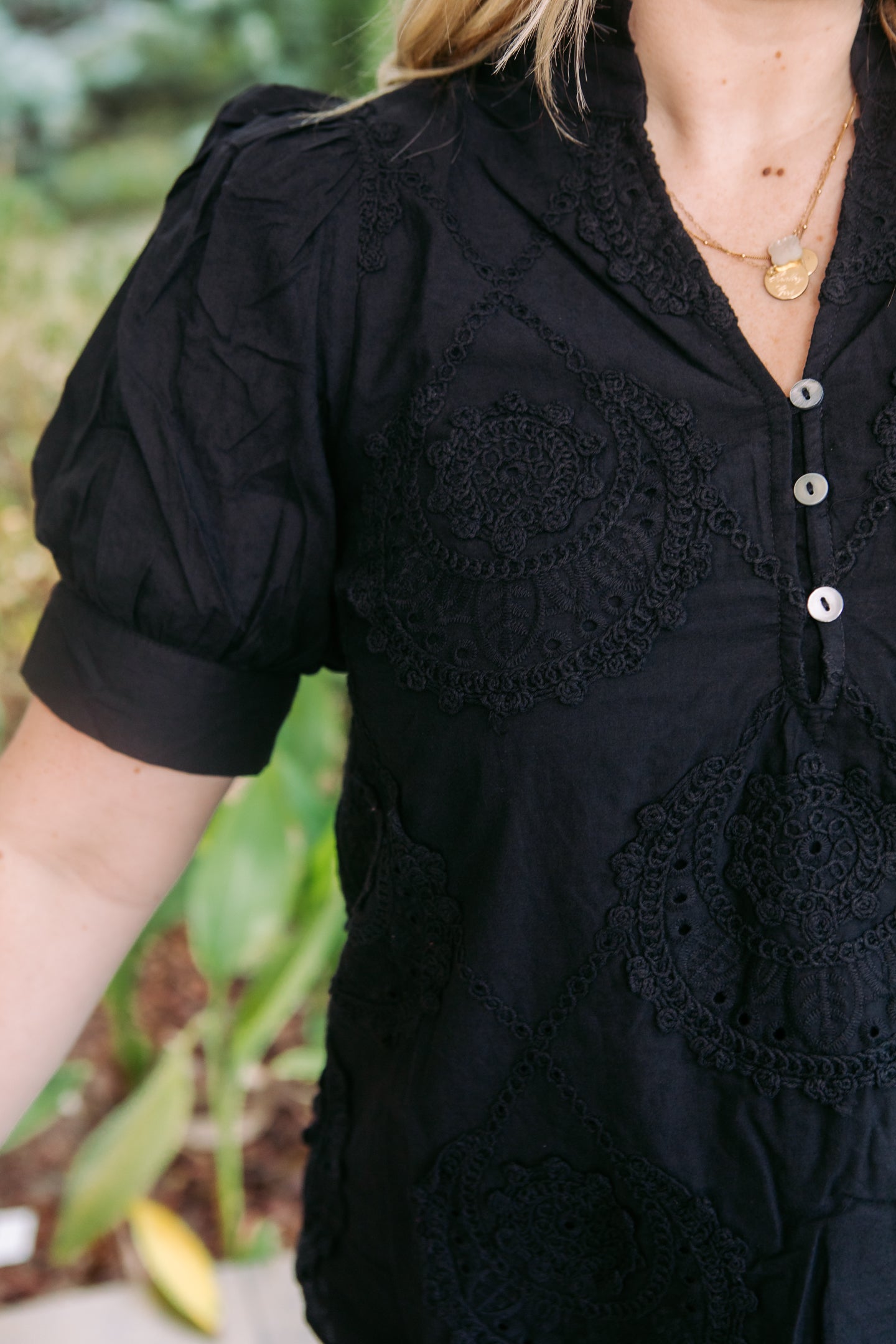 Midnight Charm Embroidered Band Collar Top