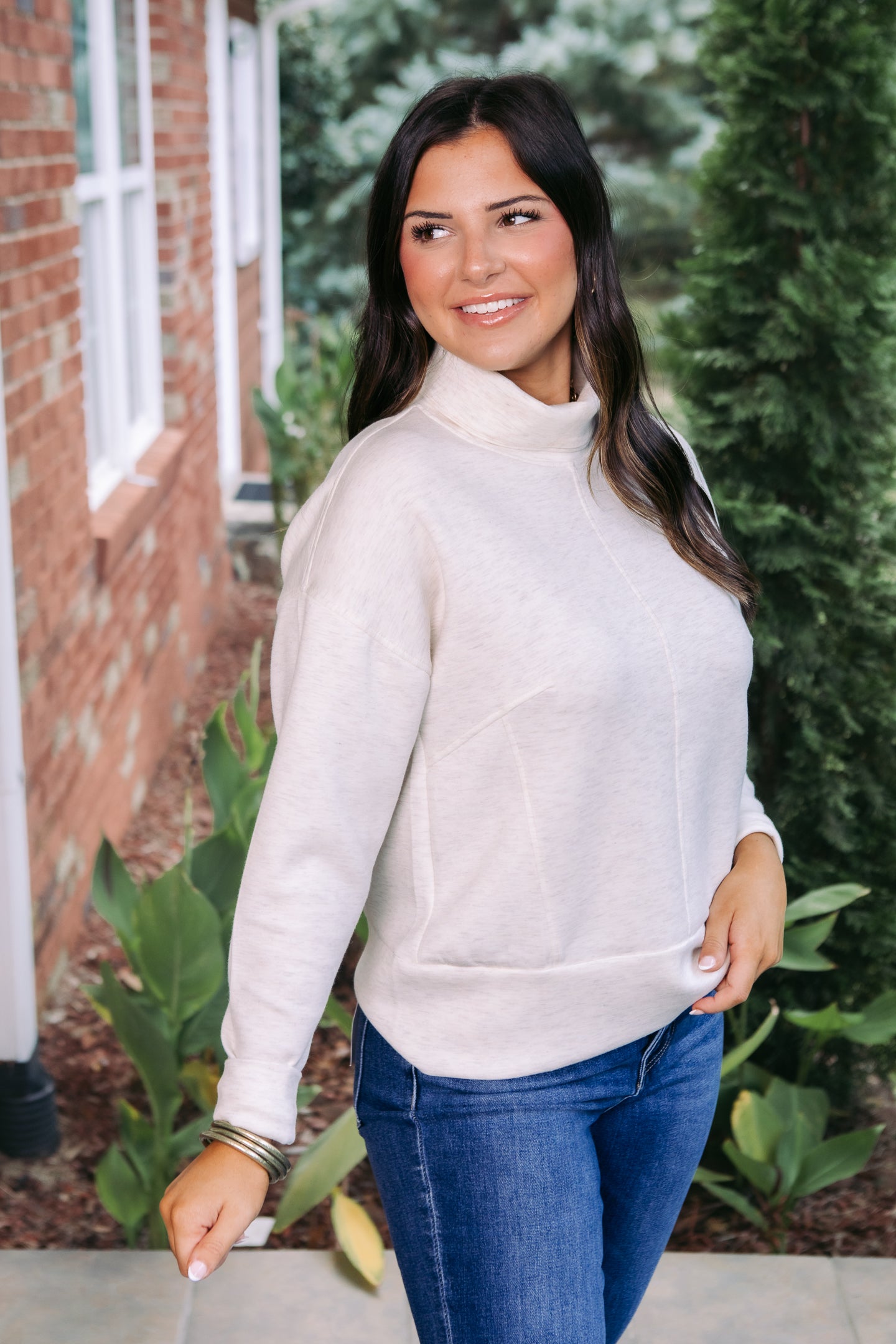 Tribal | Techno Lux Drop Shoulder Funnel Neck Knit Top