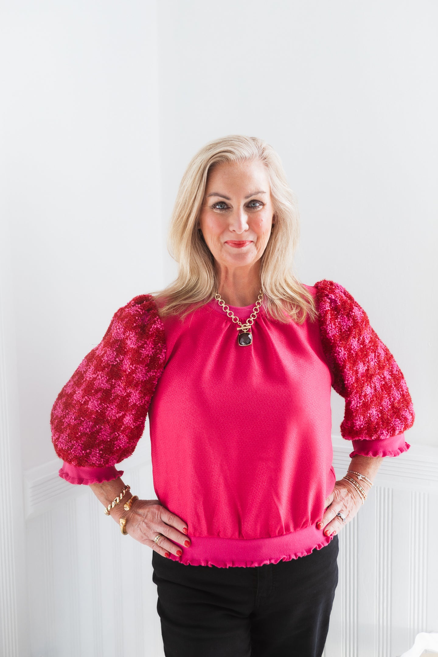 Chic Houndstooth Puff Sleeve Top