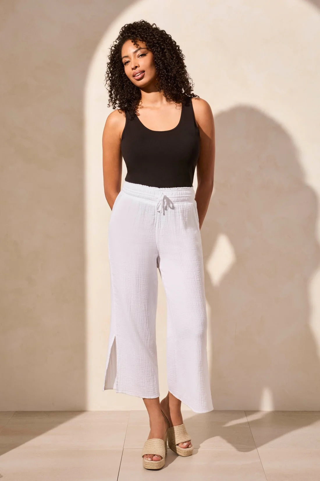 Tribal | Cotton Gauze Wear 2 Ways Wide Leg Pant With Side Slits