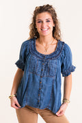 Ivy Jane | Denim Ruffled Neck Top