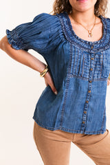 Ivy Jane | Denim Ruffled Neck Top