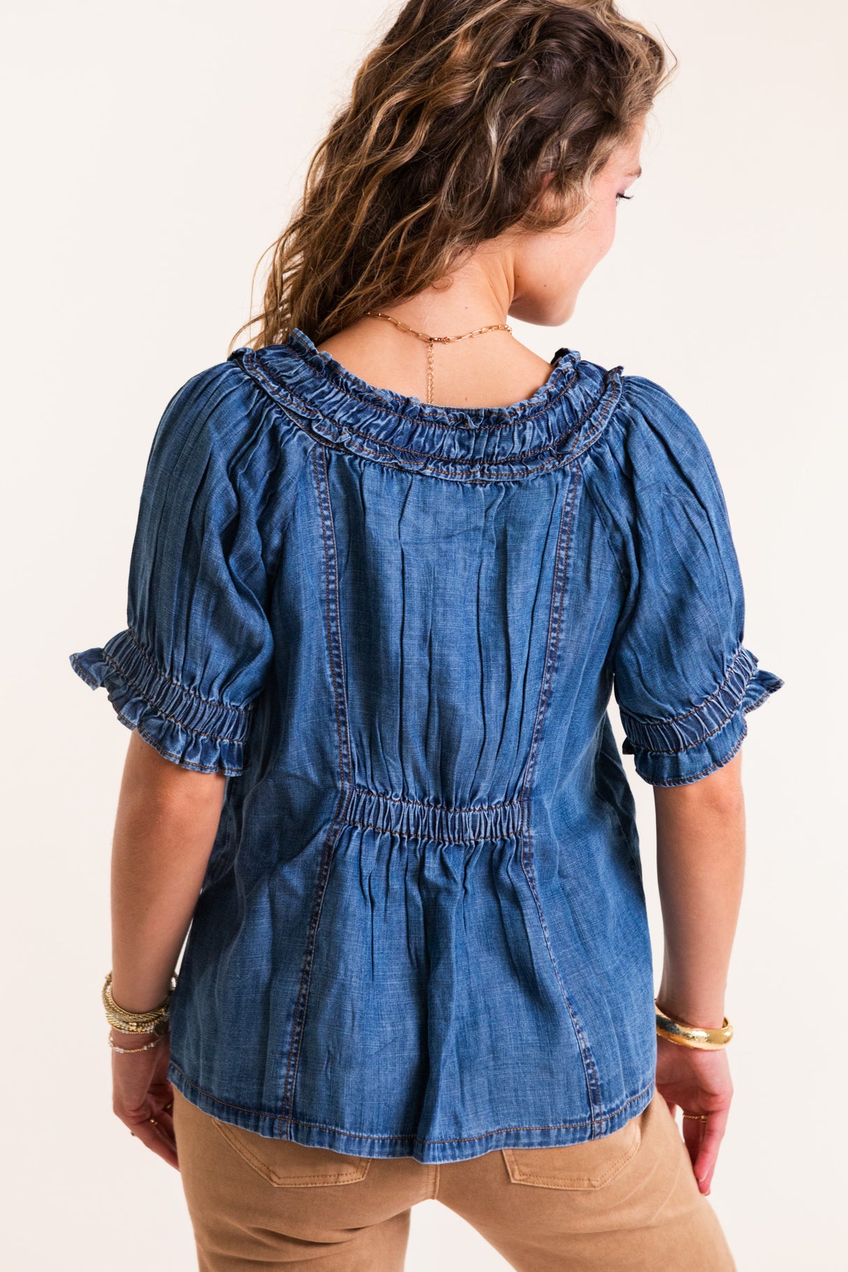 Ivy Jane | Denim Ruffled Neck Top