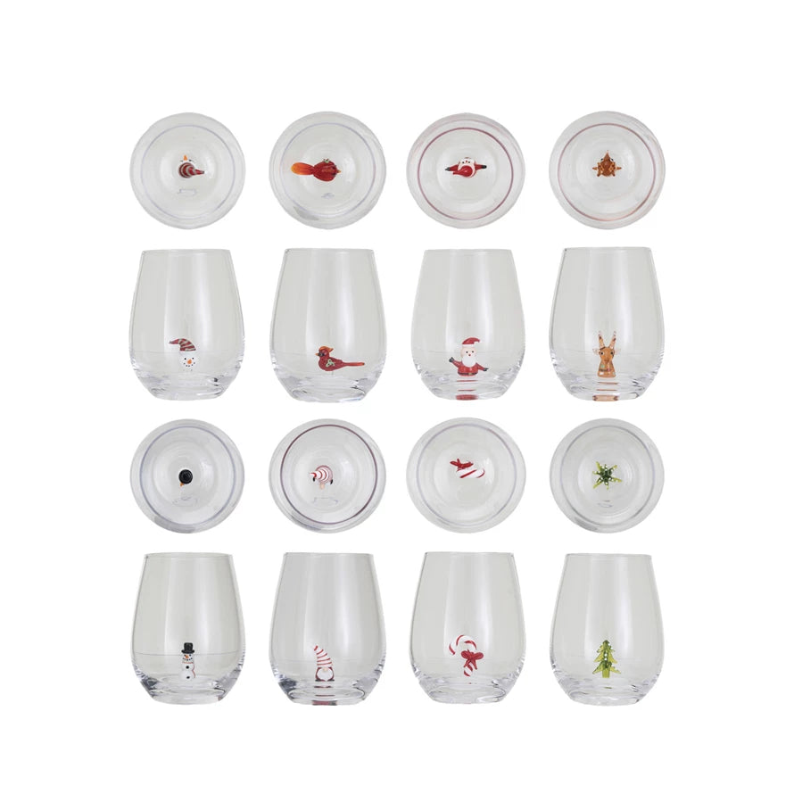Stemless Wine Glass with Holiday Figure Inside