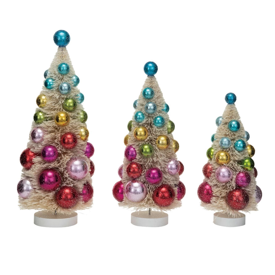 Sisal Bottle Brush Trees w/ Ornaments & Wood Bases