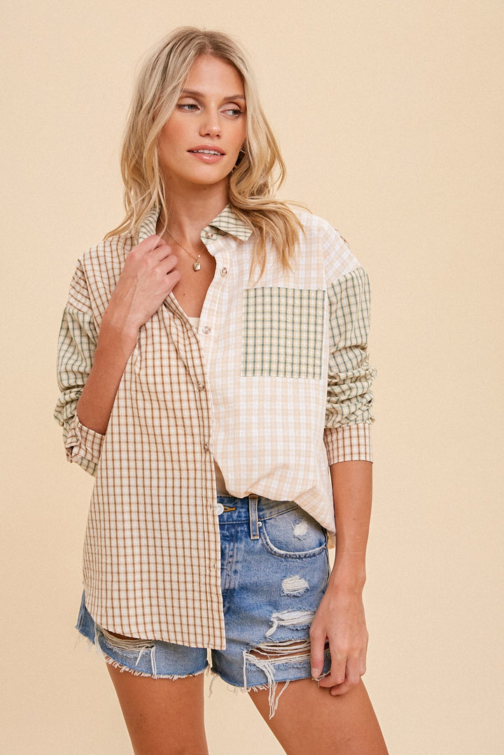 Mixed Check Button Down Shirt