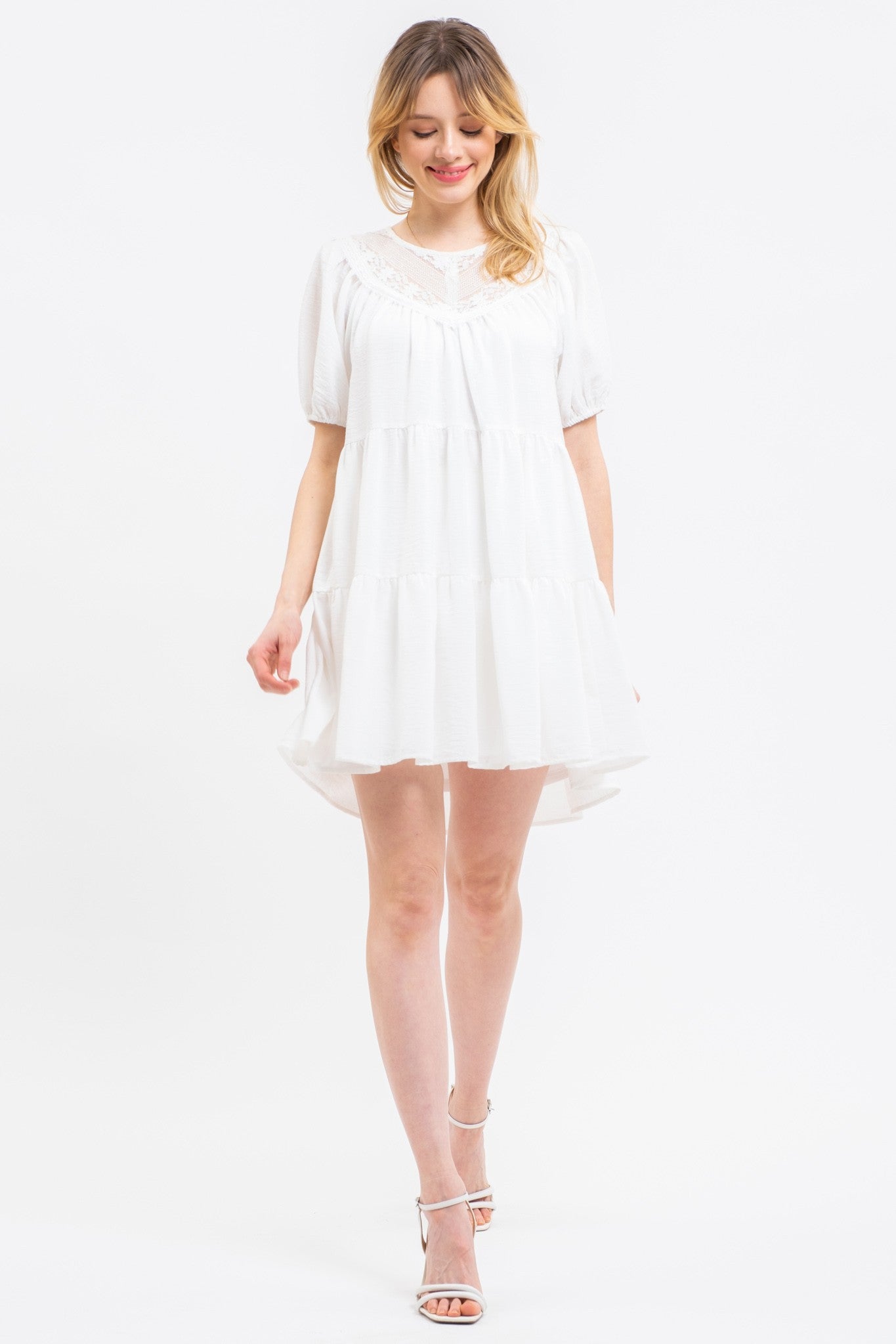 Load image into Gallery viewer, Lace Balloon Sleeve Tiered Mini Dress
