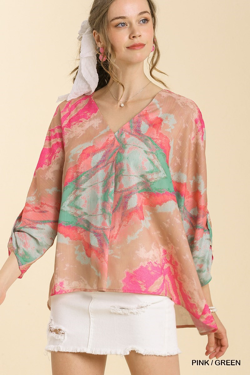 Mixed Print 3/4 Long Sleeve Top