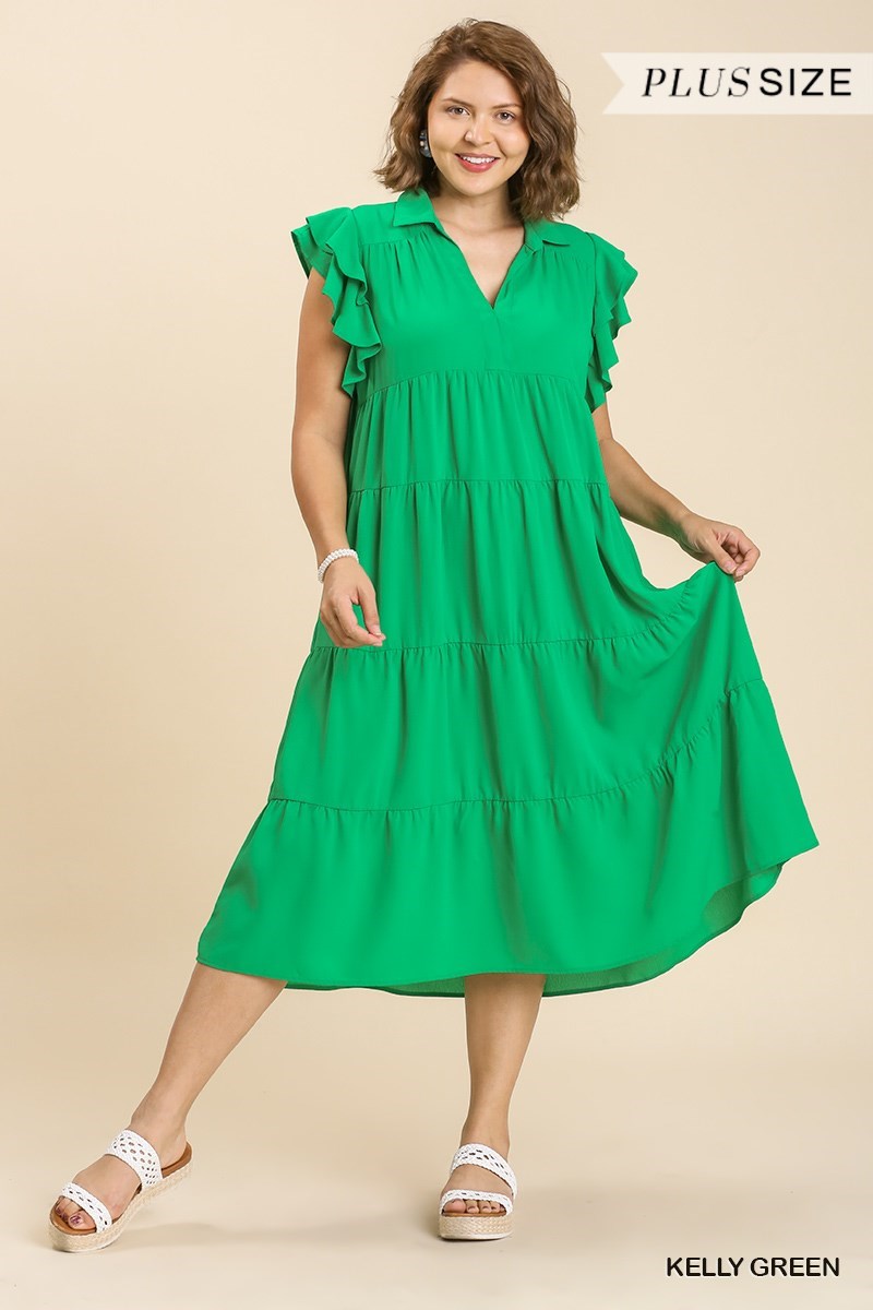 Collar Split Neck Short Ruffle Sleeves Tiered Midi Dress