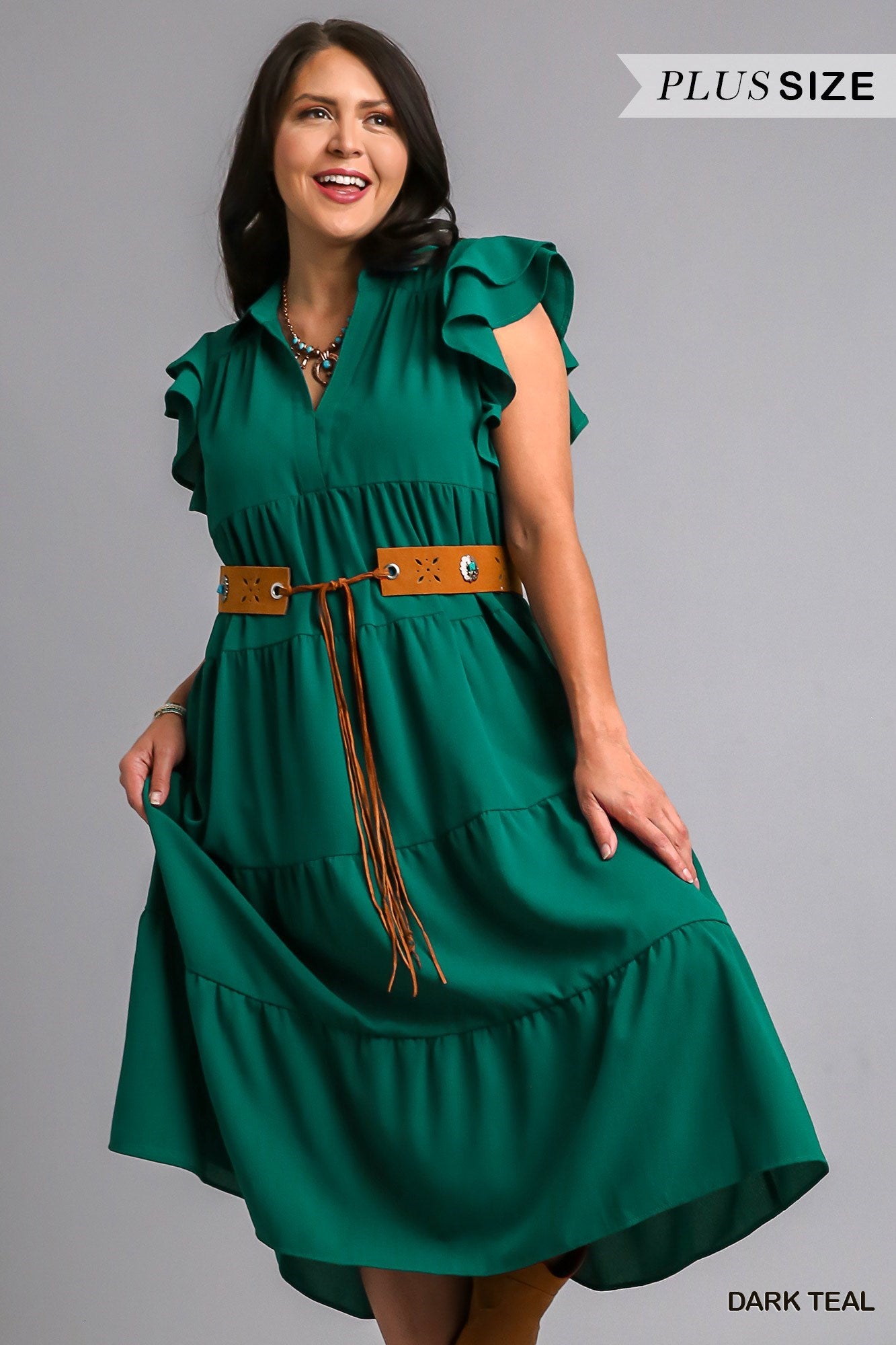 Collar Split Neck Short Ruffle Sleeves Tiered Midi Dress
