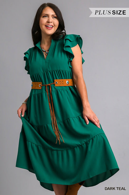 Collar Split Neck Short Ruffle Sleeves Tiered Midi Dress