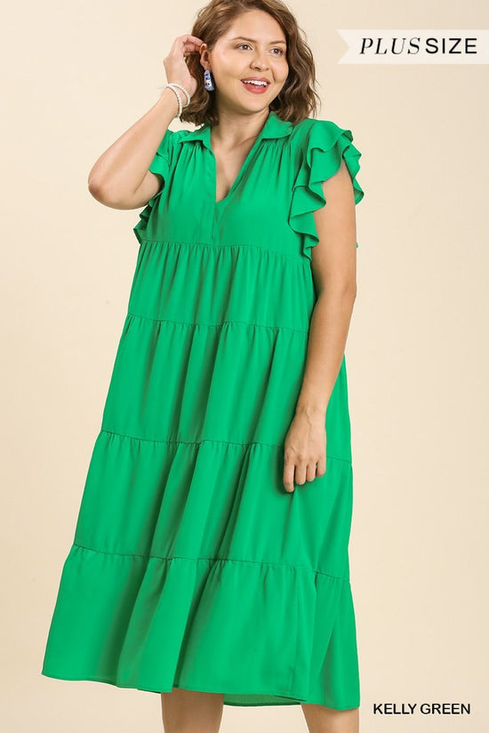 Collar Split Neck Short Ruffle Sleeves Tiered Midi Dress