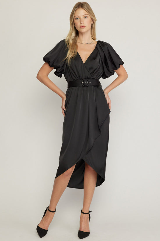 Load image into Gallery viewer, Satin V-Neck Dress w/ Belted Waist
