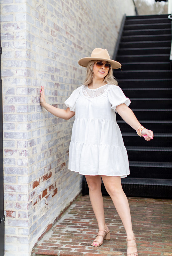 Lace Balloon Sleeve Tiered Mini Dress